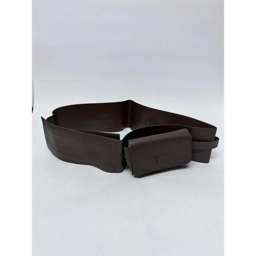 Dark Brown Faux Leather Wide Corset Utility Belt with Removable Pouch SilverTone